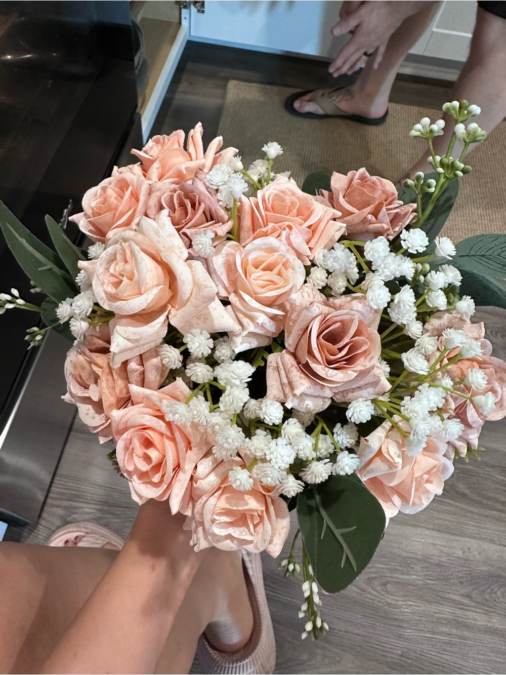 Peach Rose Bouquet with White Accents - Artificial Floral Arrangement